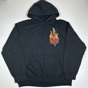Gildan Men Heavy Blend Black TRIANGLE ROSE FLAME PRINT HOODIE Fleece Pocket Sz M